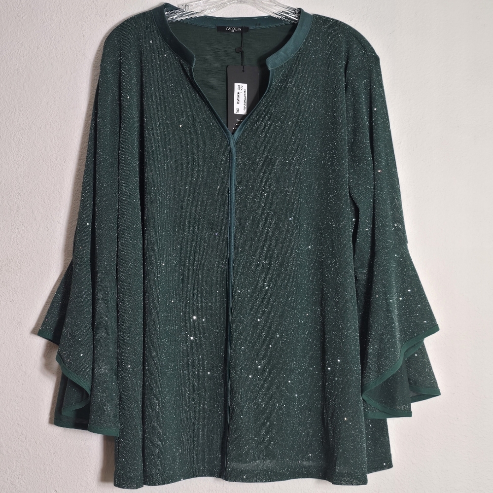 VALOLIA Tunic Tops 3/4 Sleeve Loose Fit Women Sparkly Casual Mesh Green 2XL